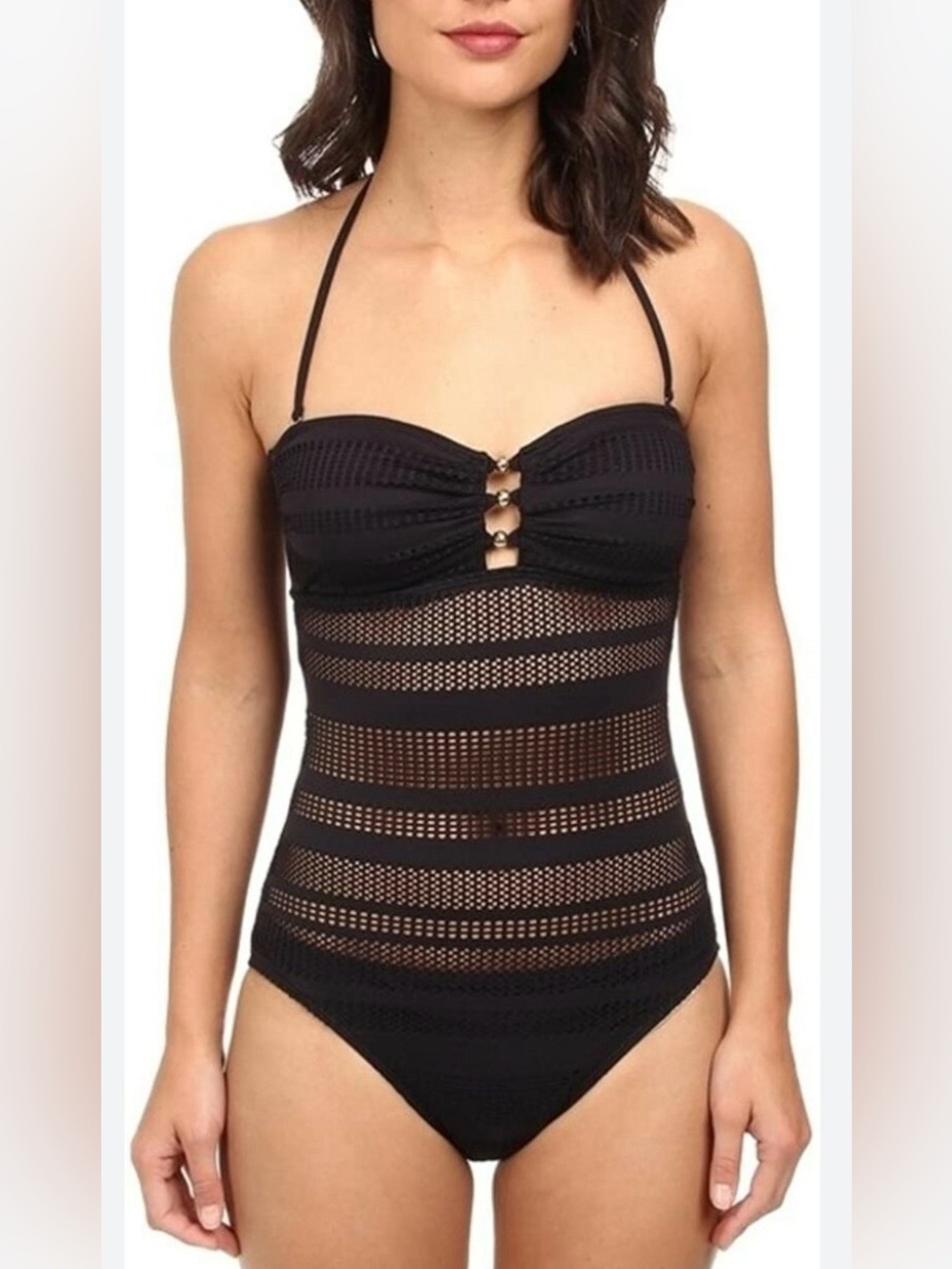 Ralph Lauren Horizon Crochet Bandeau Mesh Swimsuit Halter Women 10 Black Beach